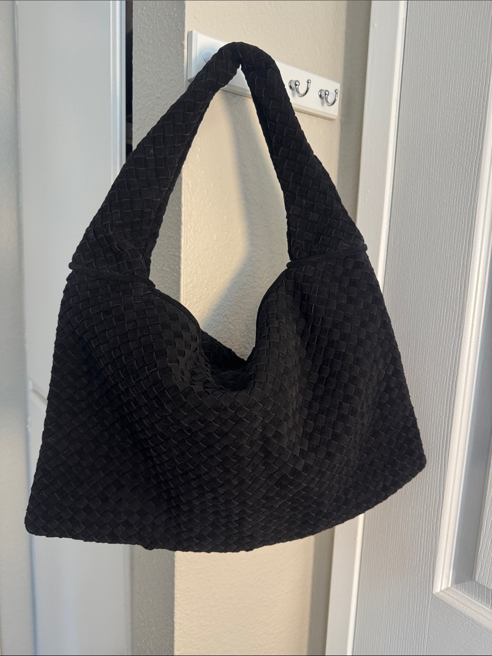 Classic Black Woven Hobo Bag- Real Leather Suede